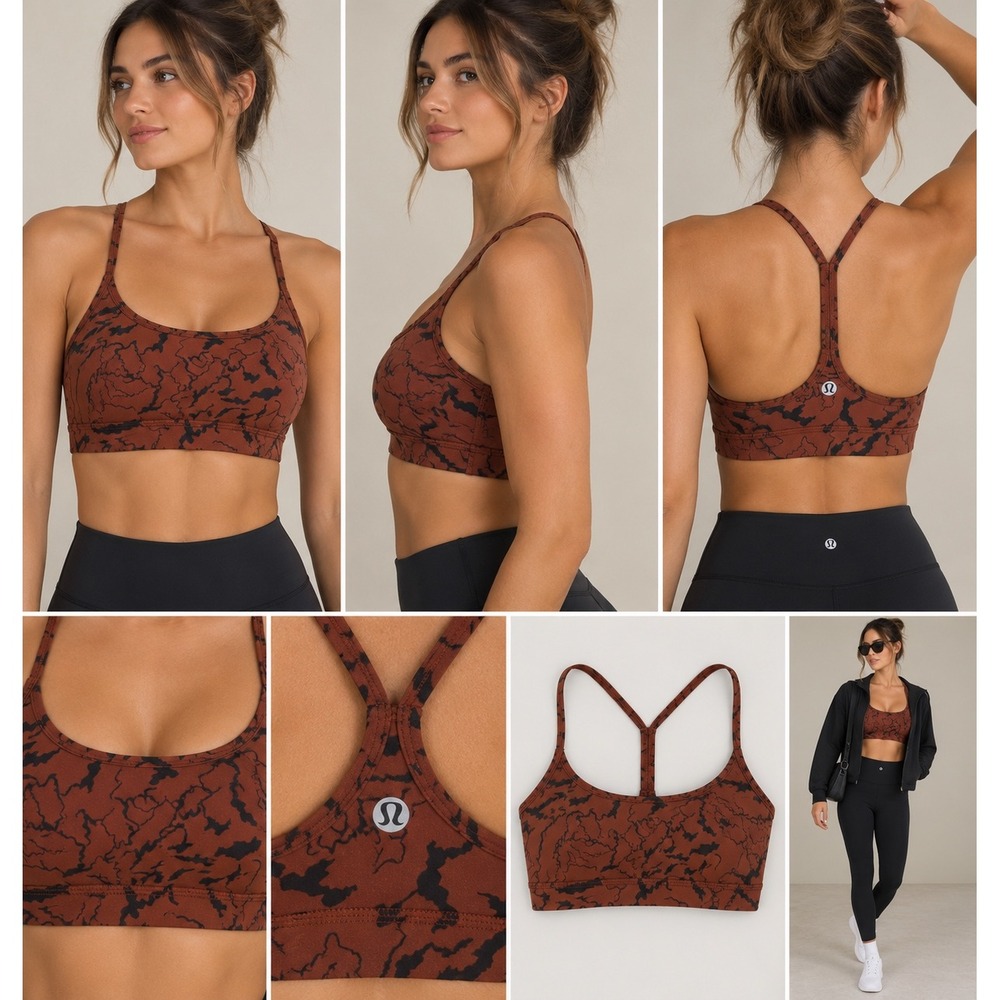 Lululemon Flow Y Bra Nulu Contour Camo Terra Orange Multi Size 8 LW2DM2S